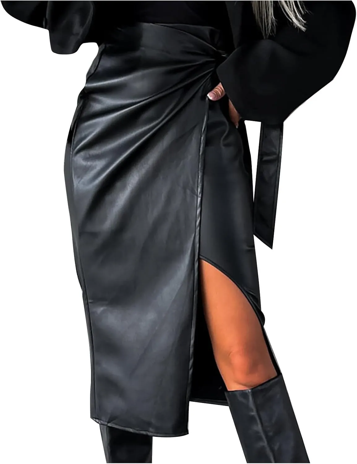 Women Self-Tie High Waist Asymmetric Thigh Split Faux Leather Midi Skirt High Low Slit Long A-Line Wrap Skirts