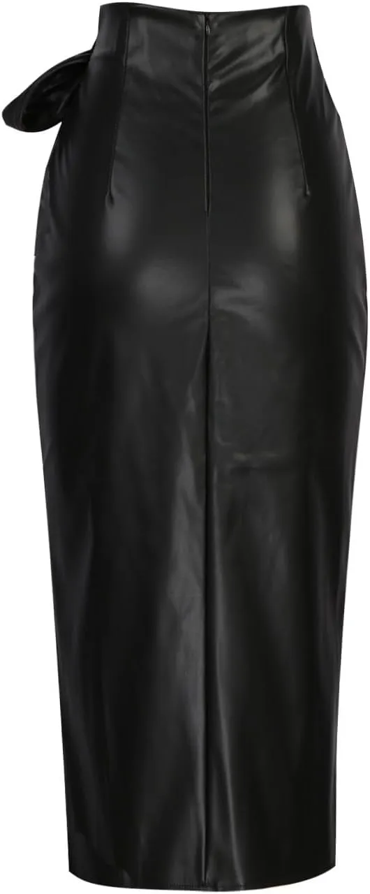 Women Self-Tie High Waist Asymmetric Thigh Split Faux Leather Midi Skirt High Low Slit Long A-Line Wrap Skirts