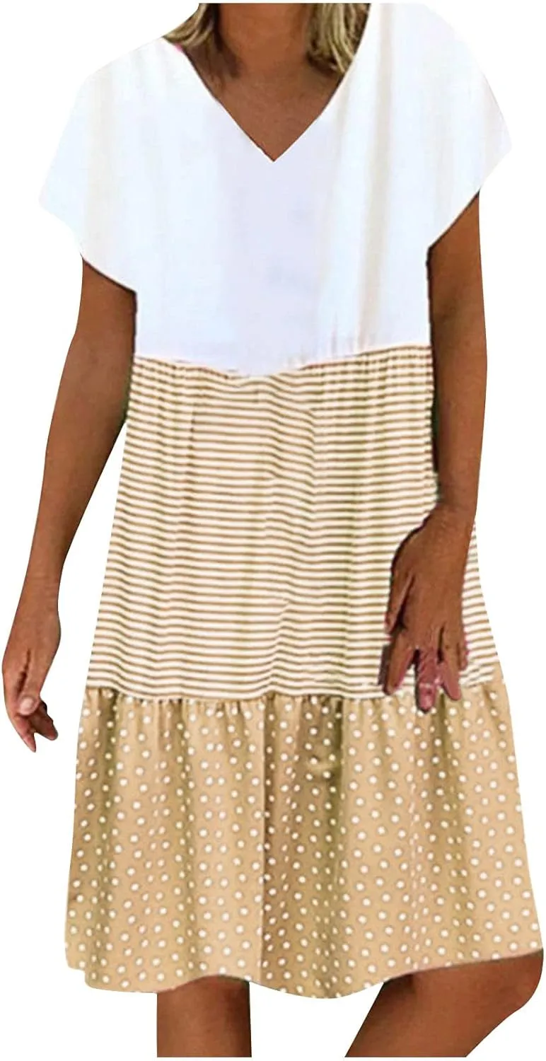 Women Summer Dresses 2024 Casual Short Sleeve V Neck Sundress Patchwork Plus Size V Neck Ruffle Beach Midi Dress
