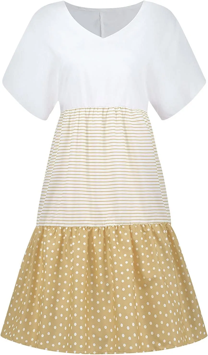 Women Summer Dresses 2024 Casual Short Sleeve V Neck Sundress Patchwork Plus Size V Neck Ruffle Beach Midi Dress