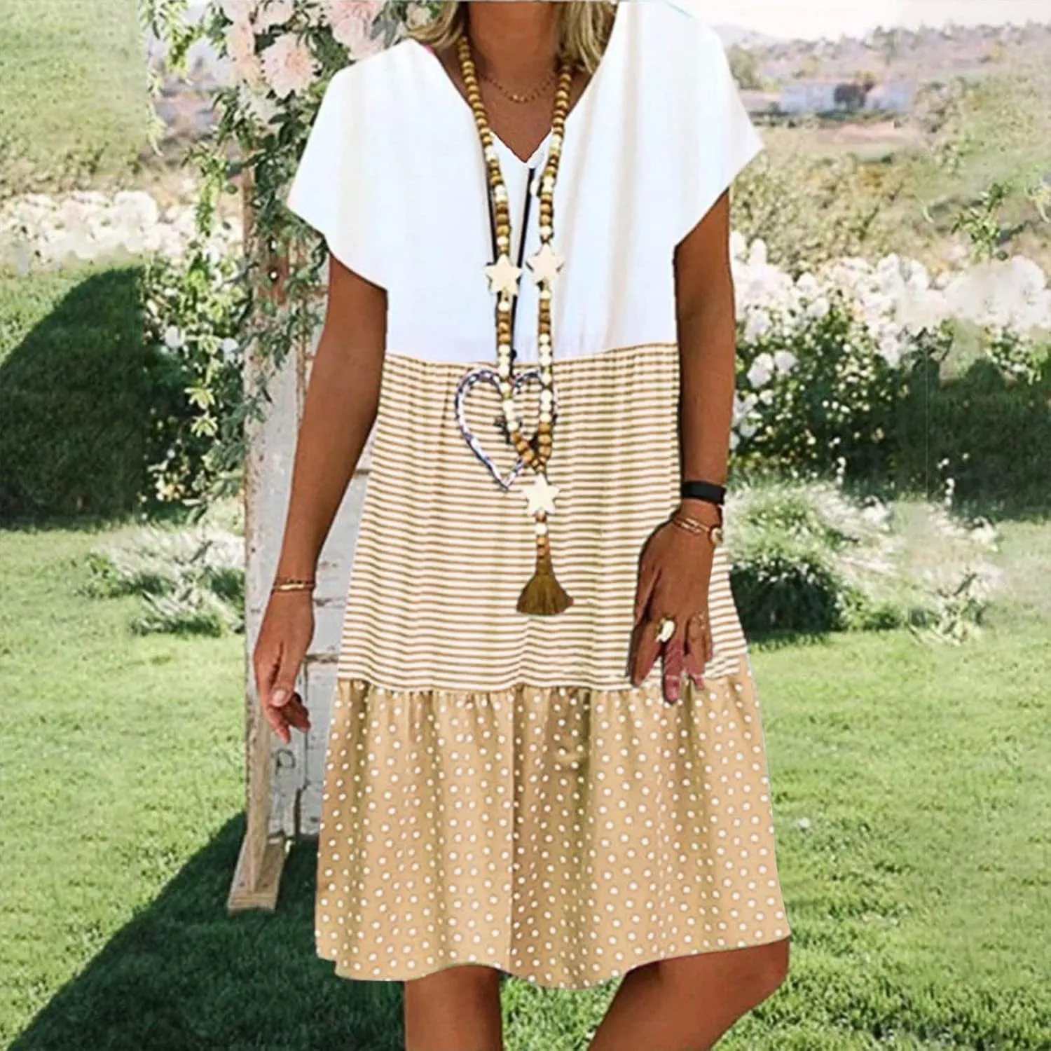 Women Summer Dresses 2024 Casual Short Sleeve V Neck Sundress Patchwork Plus Size V Neck Ruffle Beach Midi Dress