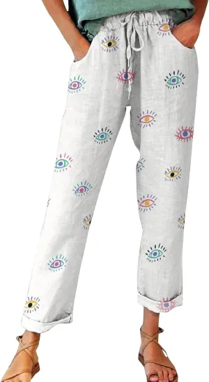Women Vintage Cotton Linen Drawstring Straight Leg Pants Woodland Animals Floral Pattern Baggy Trousers with Pockets