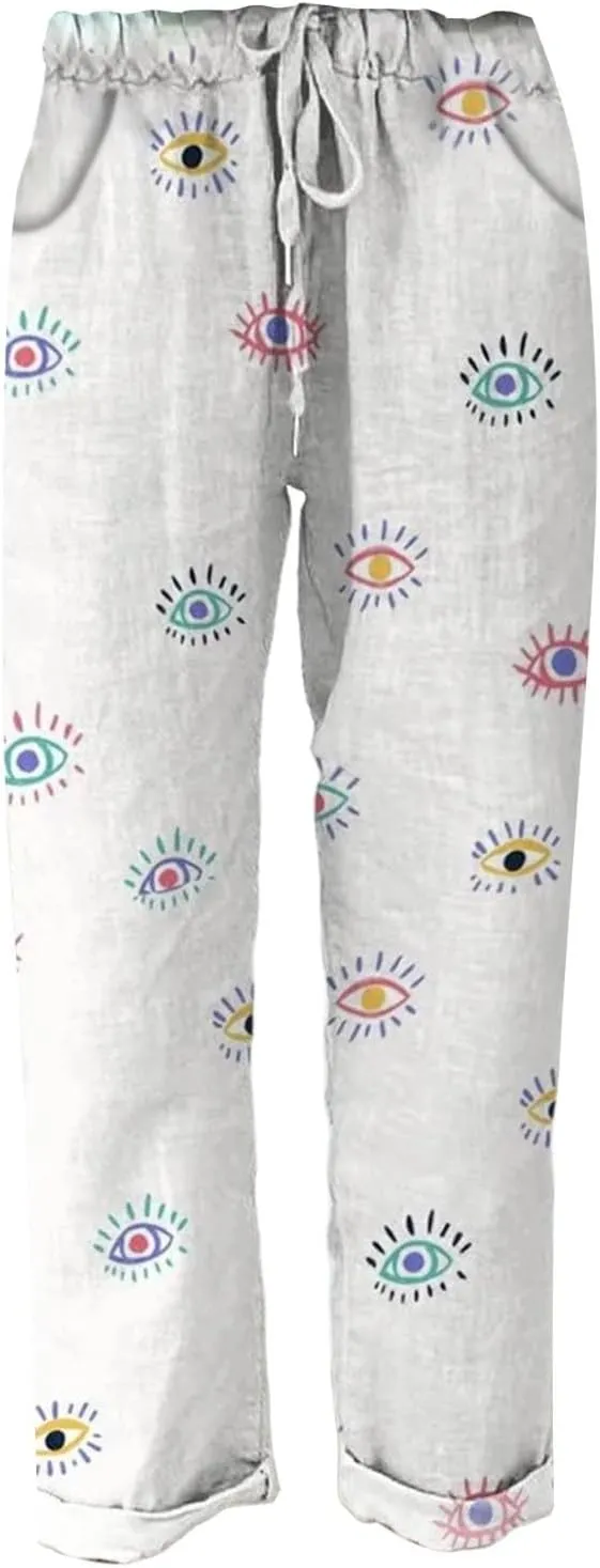 Women Vintage Cotton Linen Drawstring Straight Leg Pants Woodland Animals Floral Pattern Baggy Trousers with Pockets