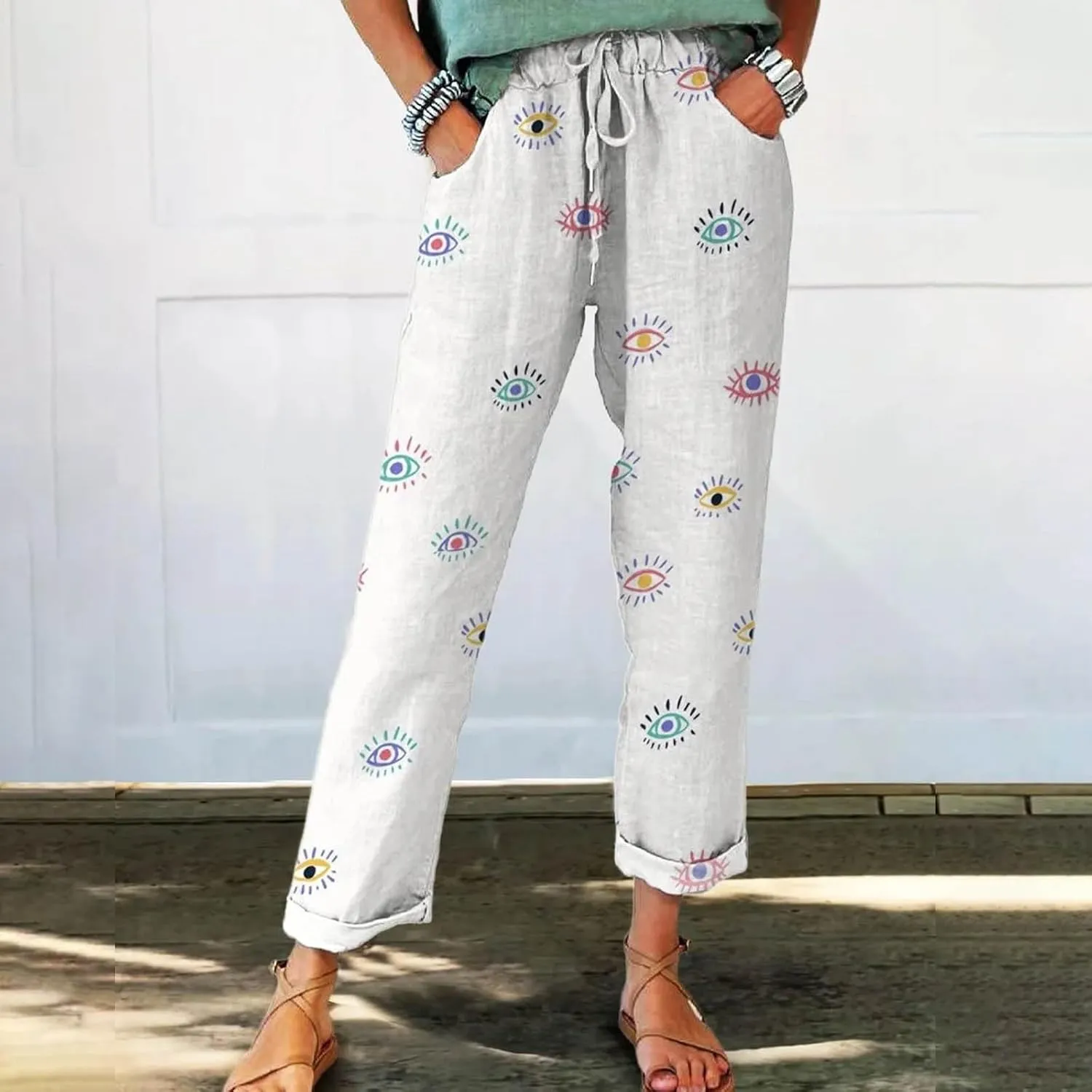 Women Vintage Cotton Linen Drawstring Straight Leg Pants Woodland Animals Floral Pattern Baggy Trousers with Pockets