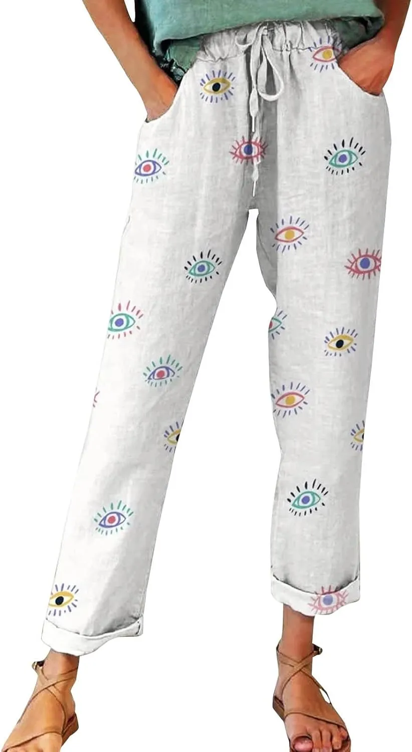 Women Vintage Cotton Linen Drawstring Straight Leg Pants Woodland Animals Floral Pattern Baggy Trousers with Pockets