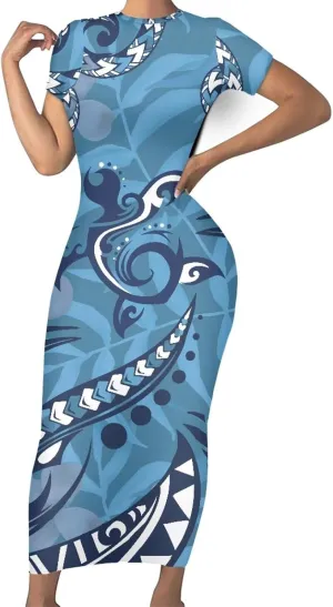 Women's 2024 Scoop Neck Polynesian Tattoo Long Dress Elegant Short Sleeve Puletasi Samoan Bodycon Maxi Dresses