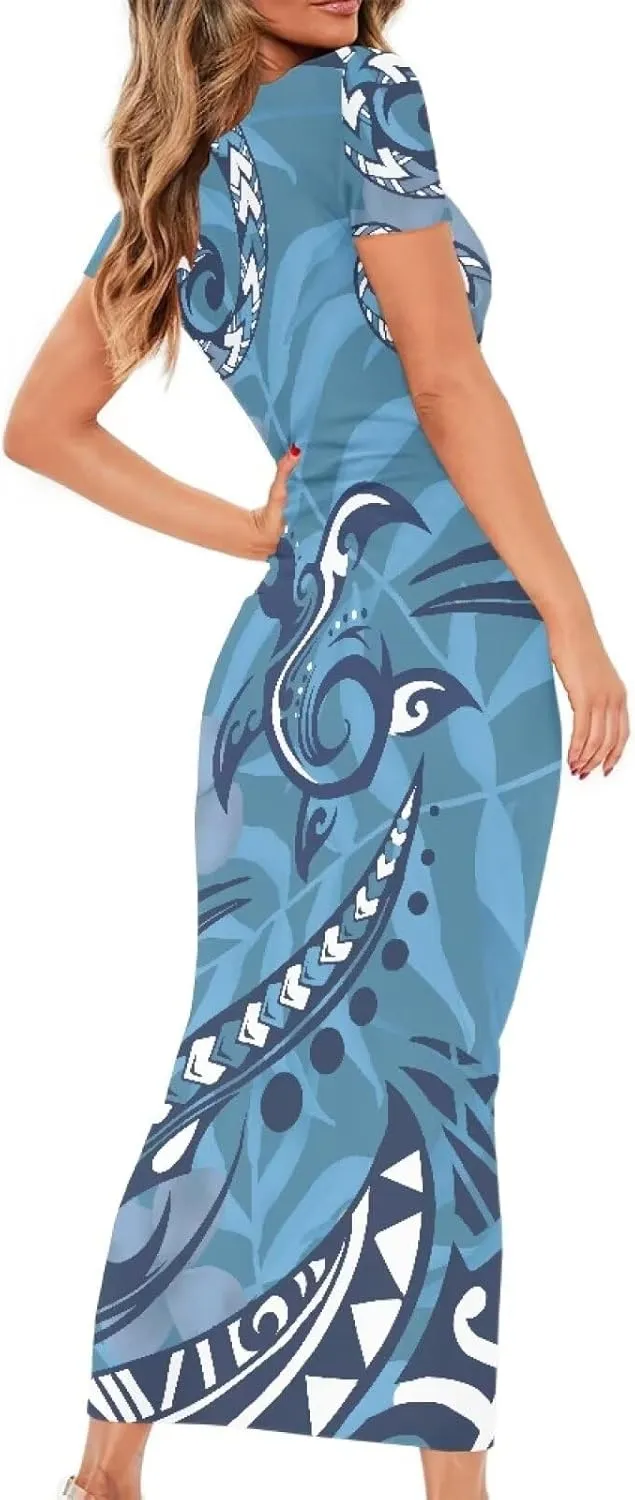 Women's 2024 Scoop Neck Polynesian Tattoo Long Dress Elegant Short Sleeve Puletasi Samoan Bodycon Maxi Dresses