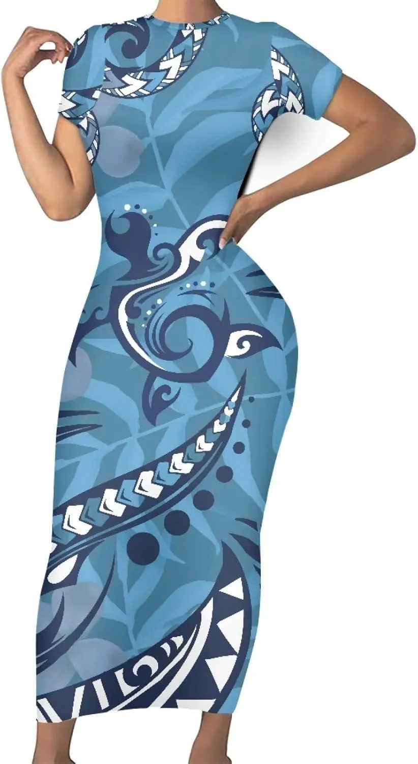 Women's 2024 Scoop Neck Polynesian Tattoo Long Dress Elegant Short Sleeve Puletasi Samoan Bodycon Maxi Dresses