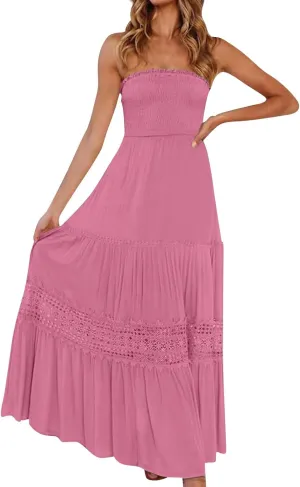 Women's 2025 Summer Smocked Strapless Maxi Dress Crewneck Flowy Elegant Tiered Vacation Going Out Tube Midi Dresses
