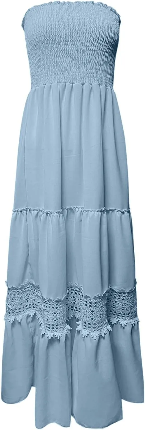 Women's 2025 Summer Smocked Strapless Maxi Dress Crewneck Flowy Elegant Tiered Vacation Going Out Tube Midi Dresses