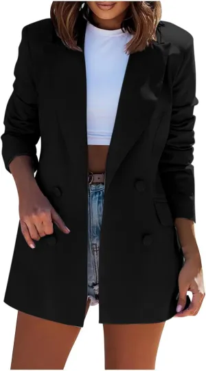 Women's 3/4 Ruched Sleeve Blazer Open Front Cardigan Casual Long Blazer Work Jackets Double Breasted Office Coat Solid