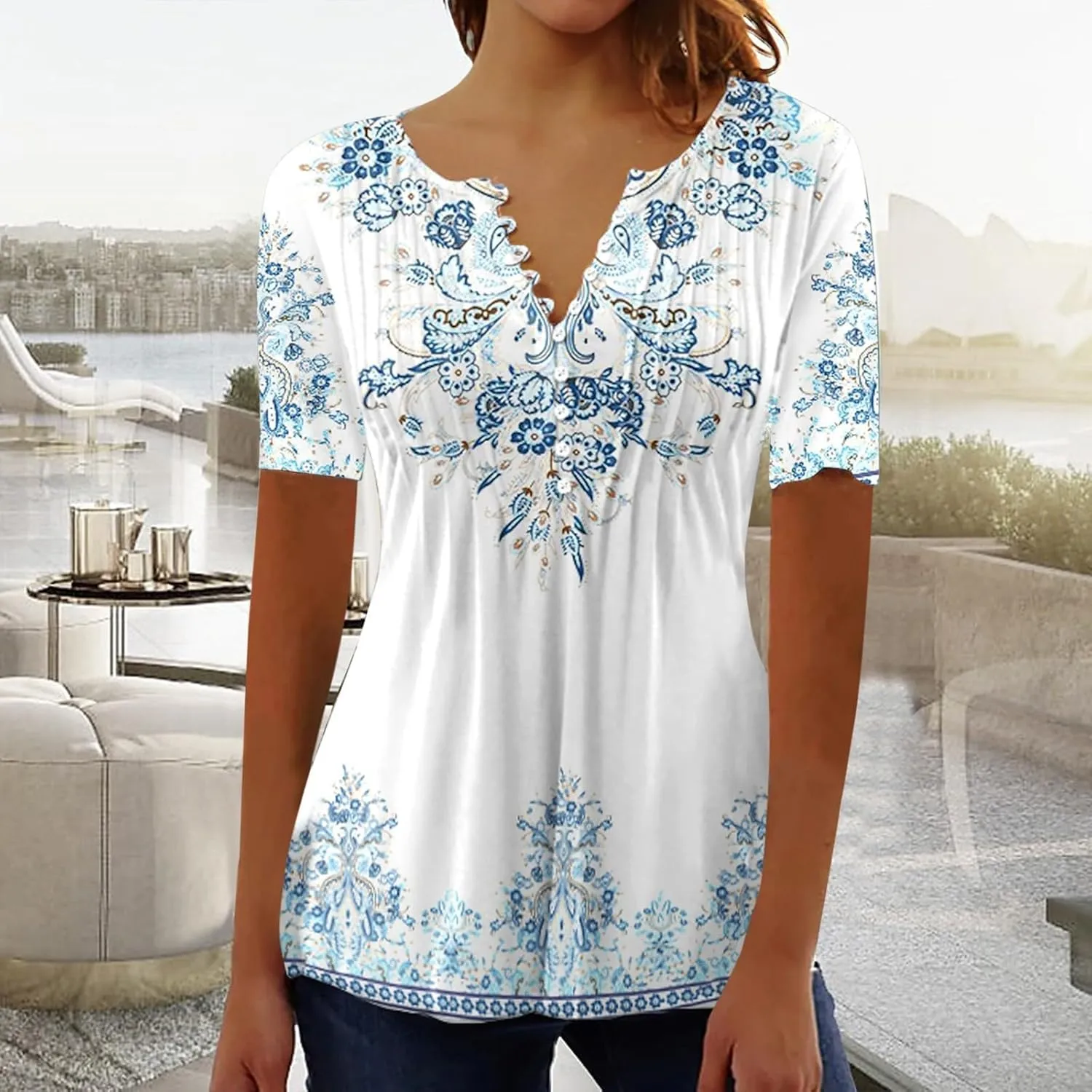 Womens Blouses Short Sleeve Tops Crew Neck Pleated Shirts Tunic Casual Flowy Trendy Pleated Tunic Tops Floral Blue XXL