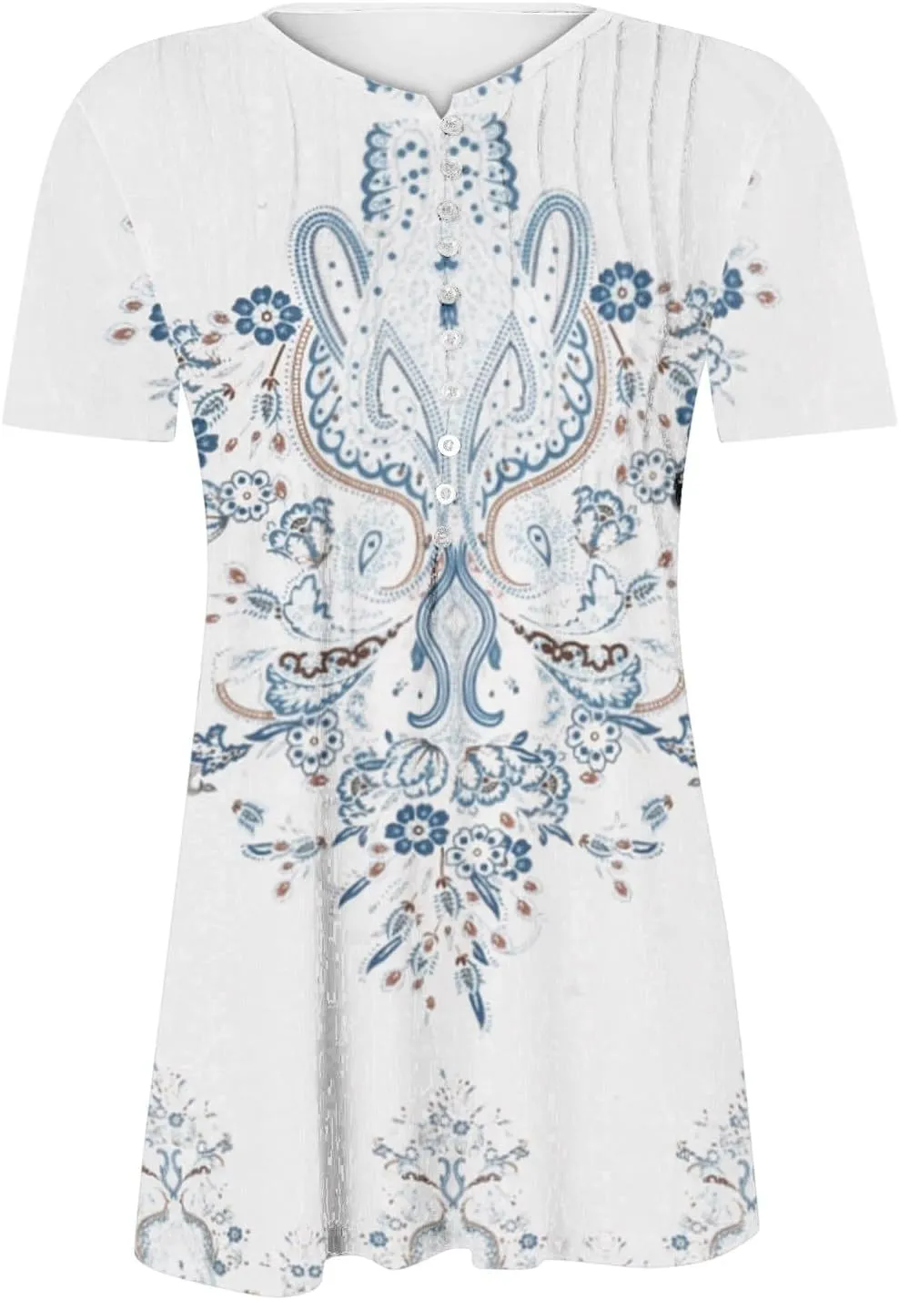 Womens Blouses Short Sleeve Tops Crew Neck Pleated Shirts Tunic Casual Flowy Trendy Pleated Tunic Tops Floral Blue XXL