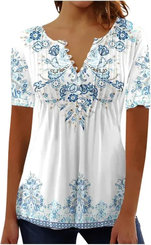 Womens Blouses Short Sleeve Tops Crew Neck Pleated Shirts Tunic Casual Flowy Trendy Pleated Tunic Tops Floral Blue XXL