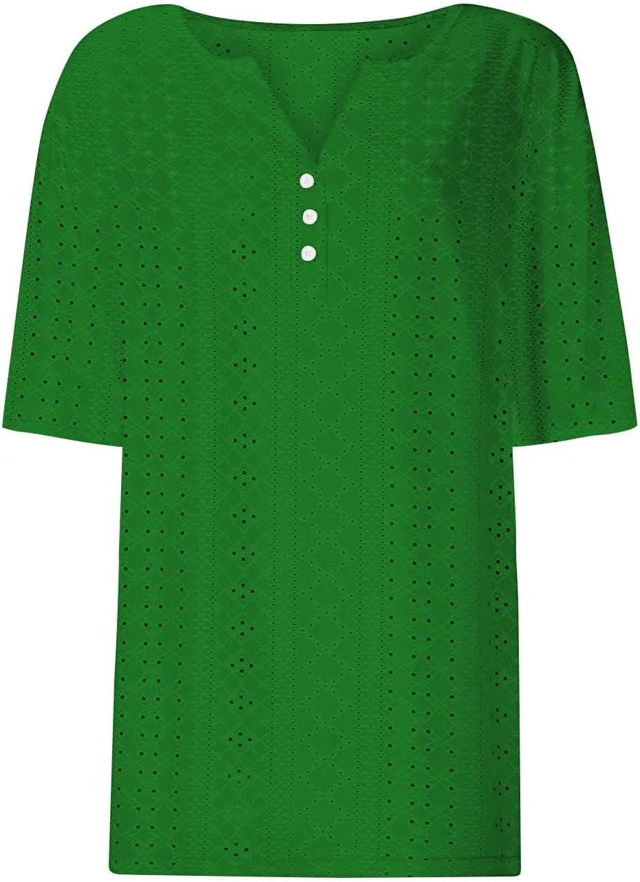 Women's Business Casual Tops Eyelet Henley Tunic Shirts Short Sleeve Buttons V Neck Boho Blouses Loose Fit Work Tees