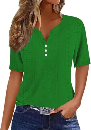 Women's Business Casual Tops Eyelet Henley Tunic Shirts Short Sleeve Buttons V Neck Boho Blouses Loose Fit Work Tees
