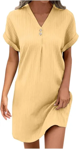 Womens Button Down Summer Dress 2025 Spring Flutter Sleeve Cotton Linen Dress Plus Size Beach A Line Casual Dress