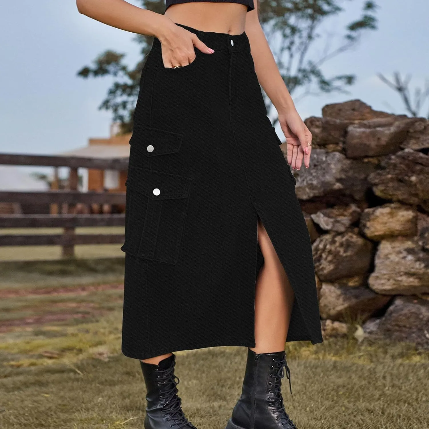 Womens Denim Long Skirts Slit Front Midi Cargo Y2k Casual Jean Skirts High Waisted Denim Jean Skirt with Pockets