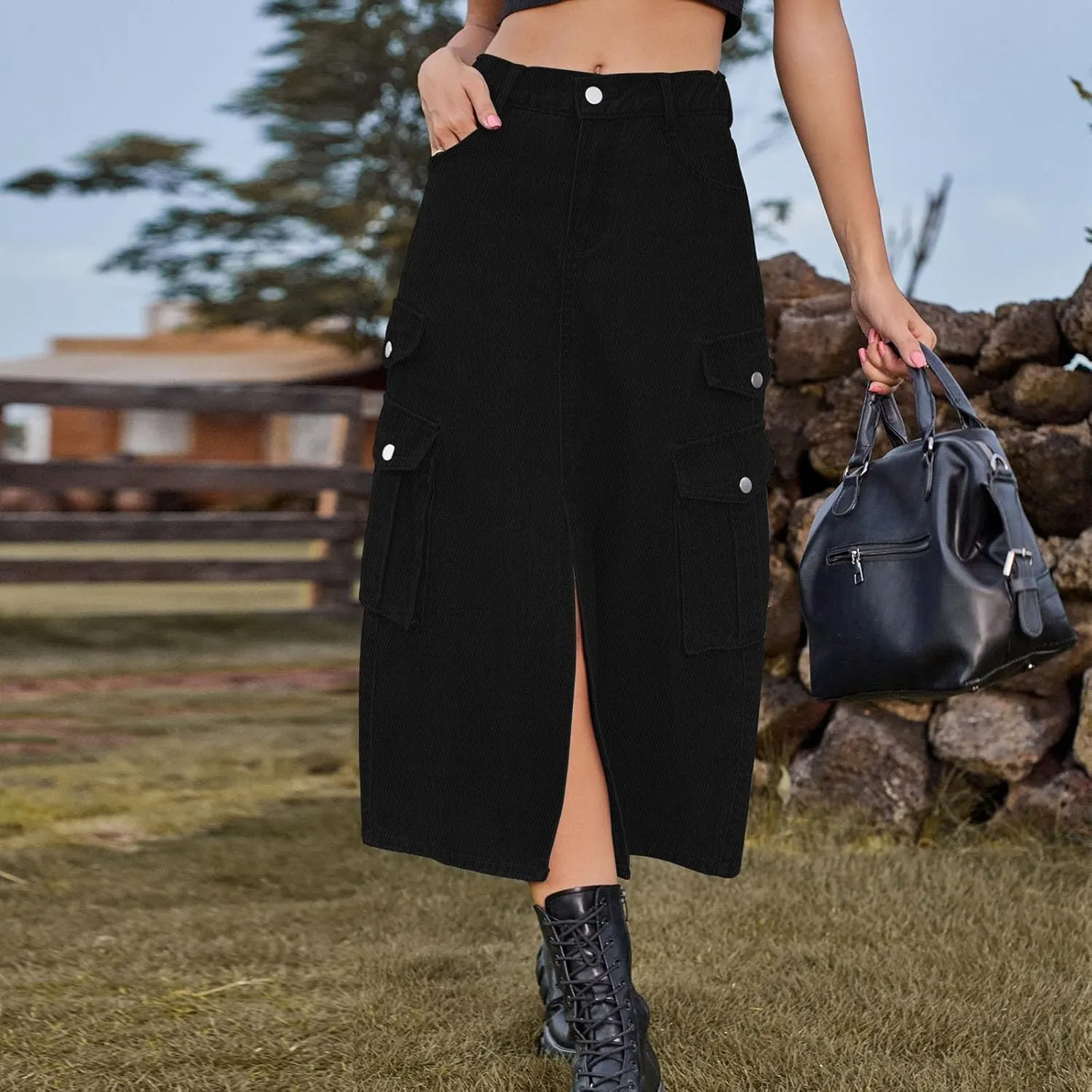 Womens Denim Long Skirts Slit Front Midi Cargo Y2k Casual Jean Skirts High Waisted Denim Jean Skirt with Pockets