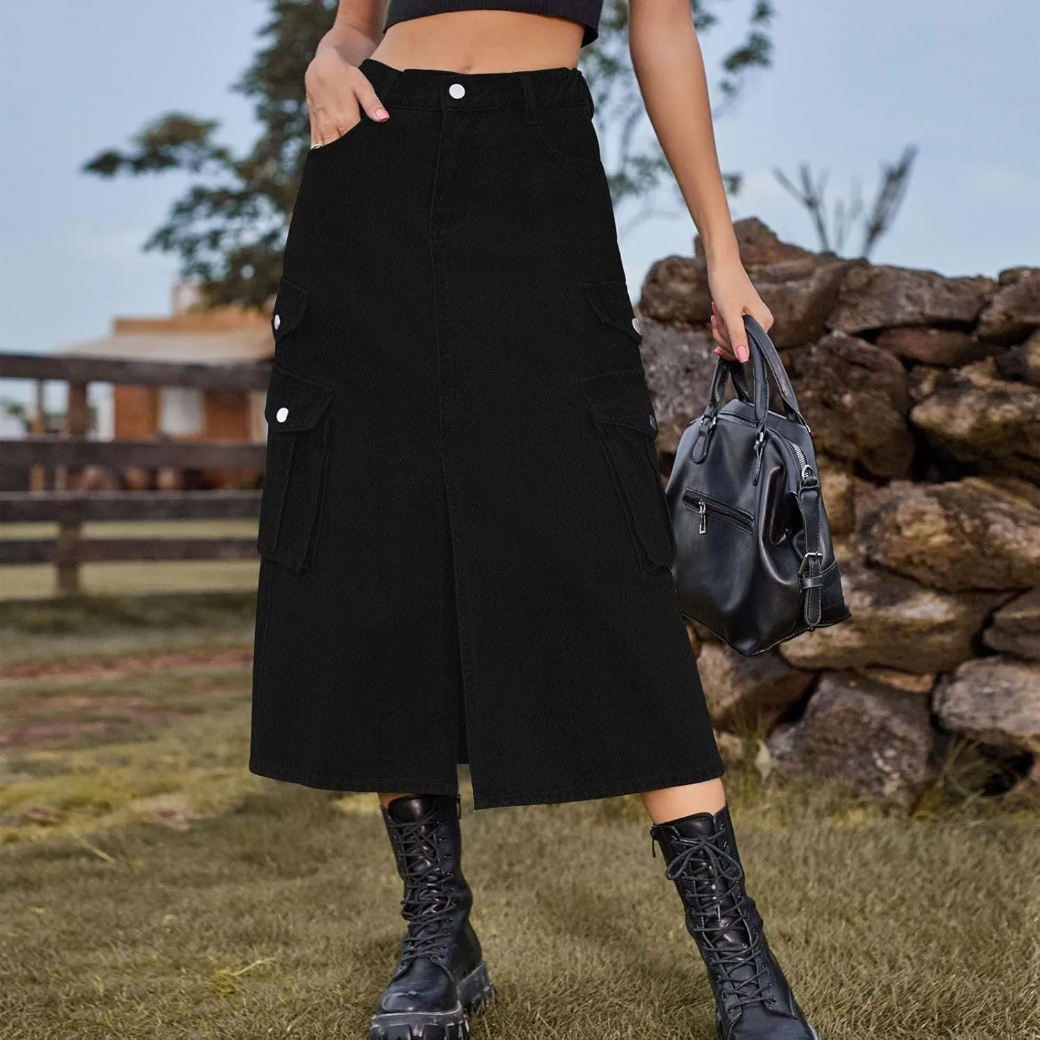 Womens Denim Long Skirts Slit Front Midi Cargo Y2k Casual Jean Skirts High Waisted Denim Jean Skirt with Pockets