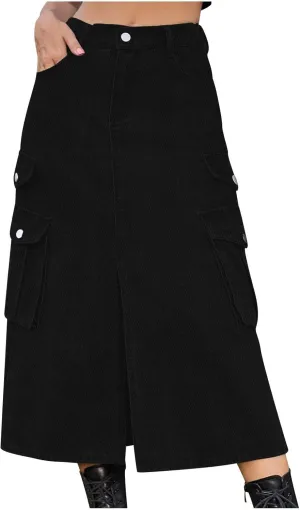 Womens Denim Long Skirts Slit Front Midi Cargo Y2k Casual Jean Skirts High Waisted Denim Jean Skirt with Pockets