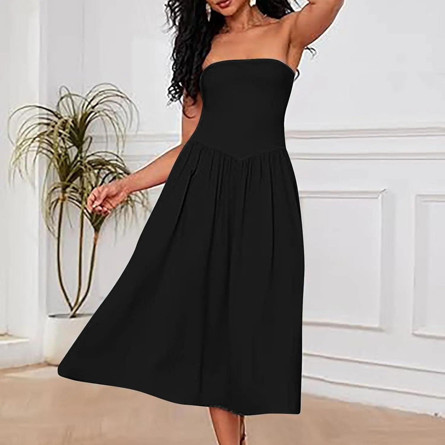 Women's Fashion 2025 Summer Elegant Strapless Tube Dress Sexy Off Shoulder Pleated Flowy Swing Mini Long Dresses