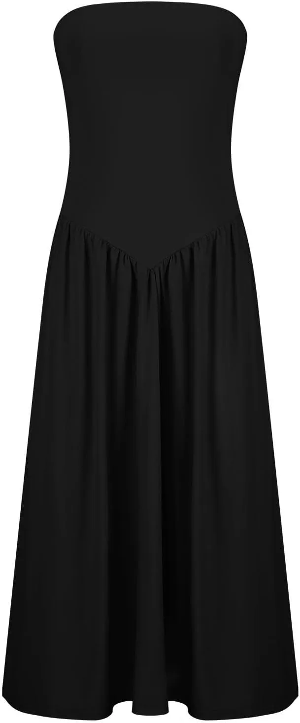 Women's Fashion 2025 Summer Elegant Strapless Tube Dress Sexy Off Shoulder Pleated Flowy Swing Mini Long Dresses