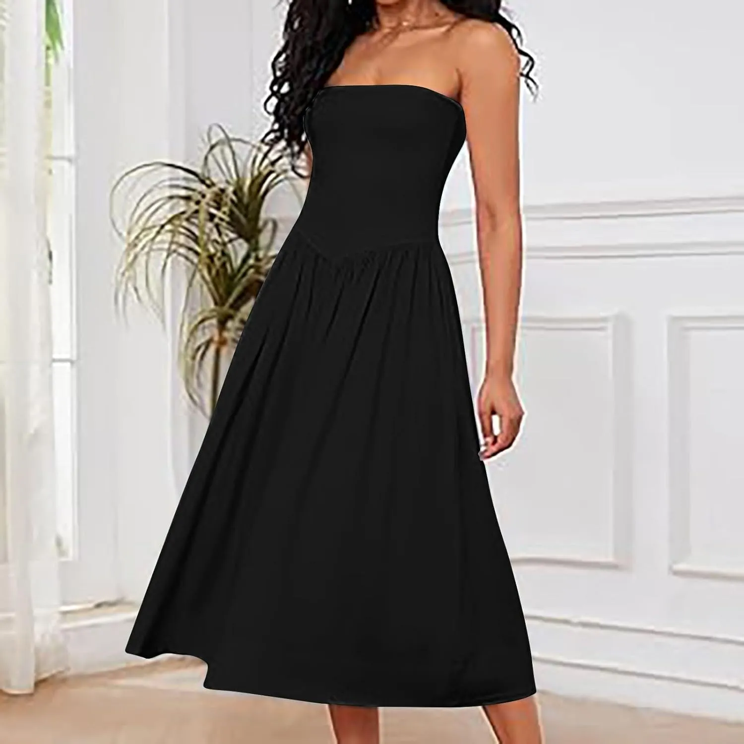 Women's Fashion 2025 Summer Elegant Strapless Tube Dress Sexy Off Shoulder Pleated Flowy Swing Mini Long Dresses