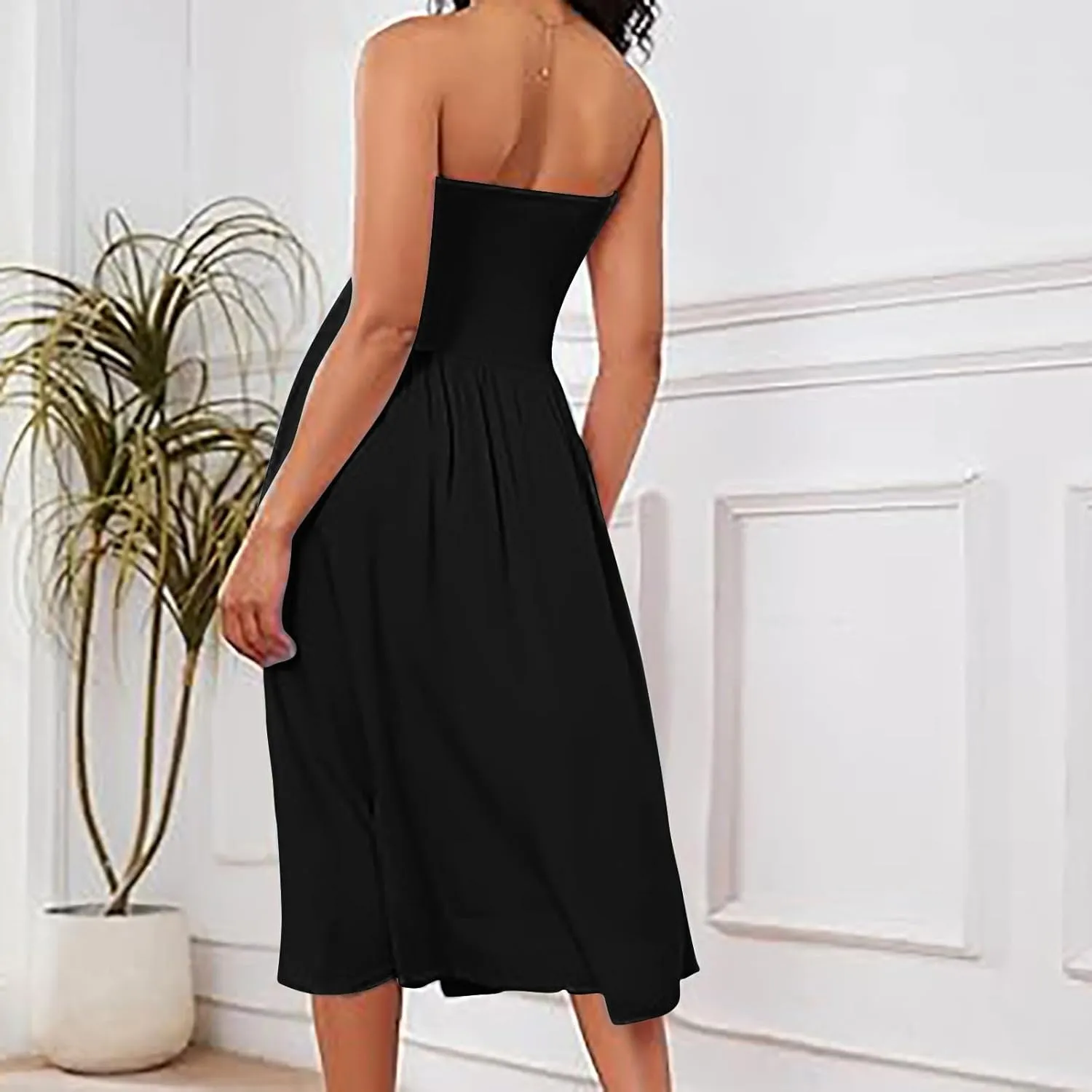 Women's Fashion 2025 Summer Elegant Strapless Tube Dress Sexy Off Shoulder Pleated Flowy Swing Mini Long Dresses
