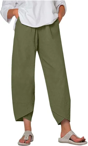 Women's High Waist Linen Long Pants - Solid Color Casual Trousers, Trendy Comfortable Relaxed Fit Summer Cropped