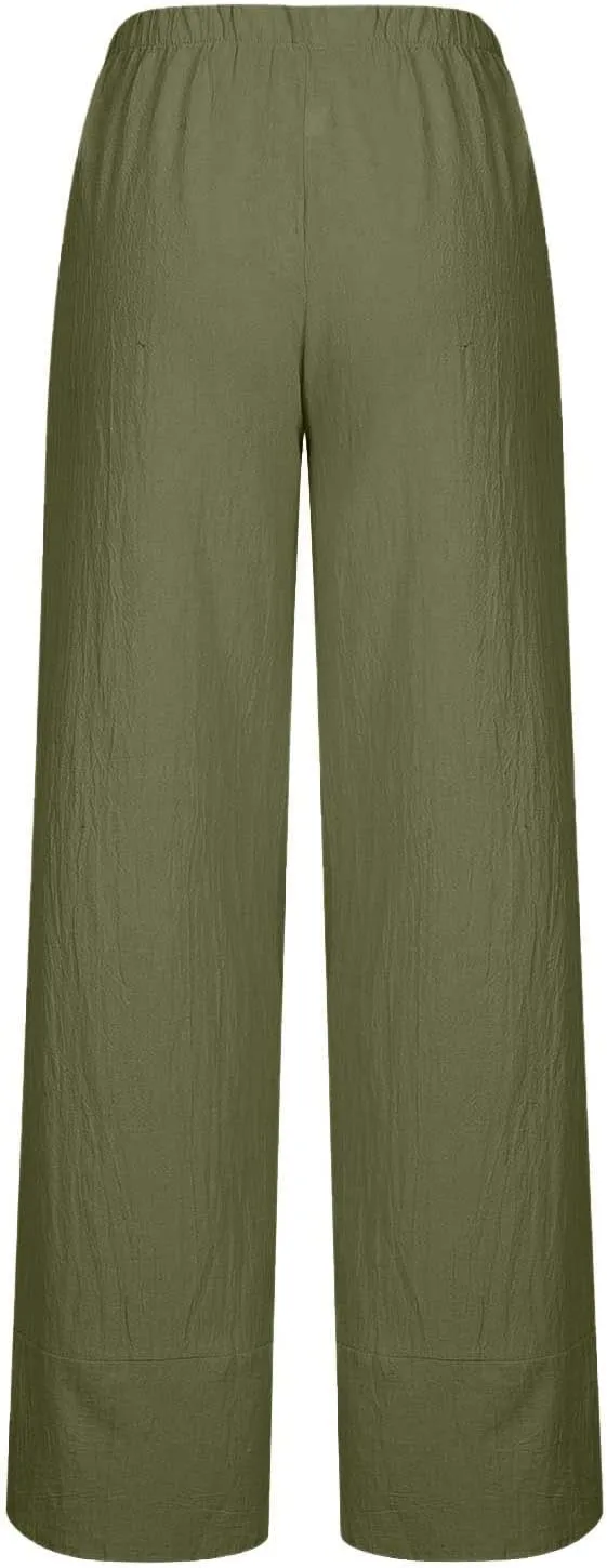 Women's High Waist Linen Long Pants - Solid Color Casual Trousers, Trendy Comfortable Relaxed Fit Summer Cropped