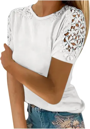 Womens Lace Stitching Short Sleeve Crewneck T-shirts Simple Solid Color Tops Fashion Casual Shirt