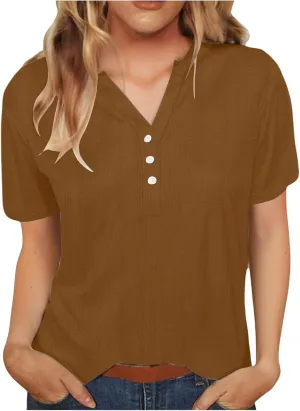 Womens Linen Button Down Shirts Short Sleeve V Neck Tshirts Light Weight Plain Blouses Casual Loose Fit Tunic Tops