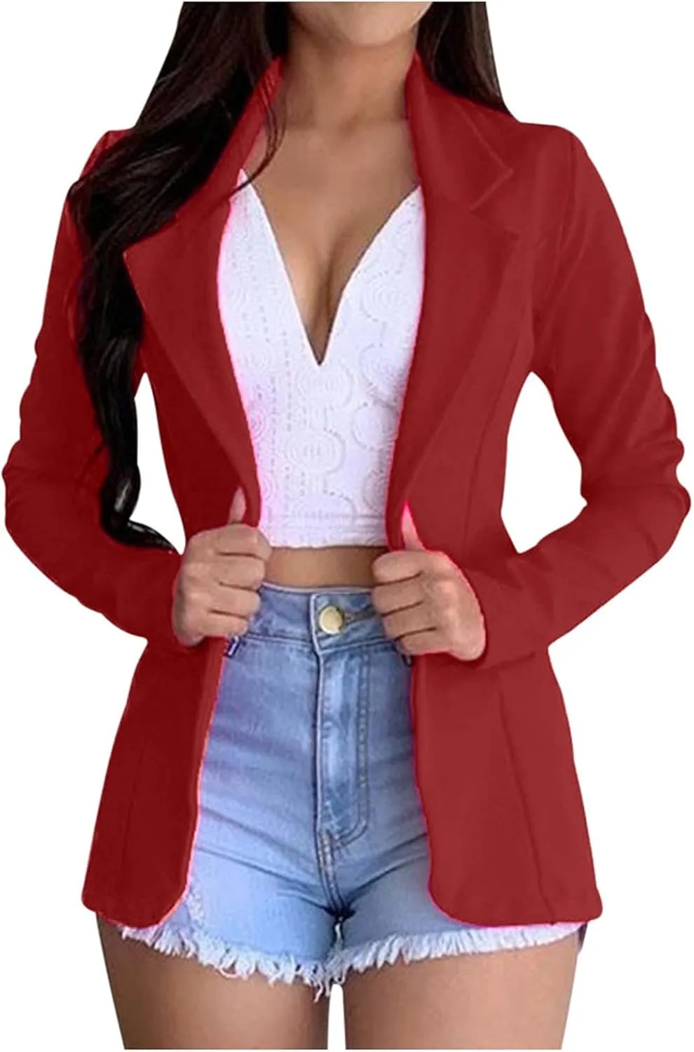 Women's Long Blazer Solid Open Front Cardigan Formal Suit Sleeve Blouse Coat Blazers for Work Casual