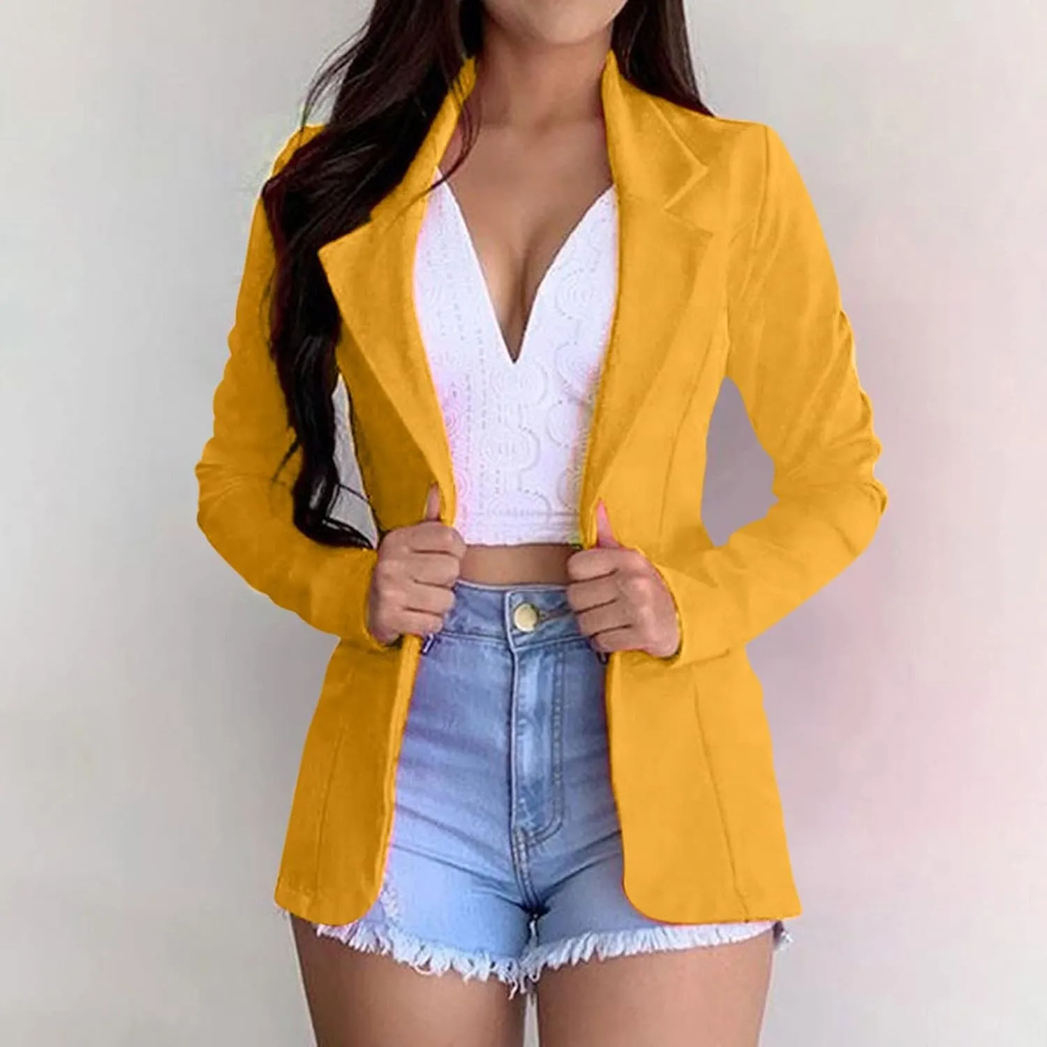 Women's Long Blazer Solid Open Front Cardigan Formal Suit Sleeve Blouse Coat Blazers for Work Casual