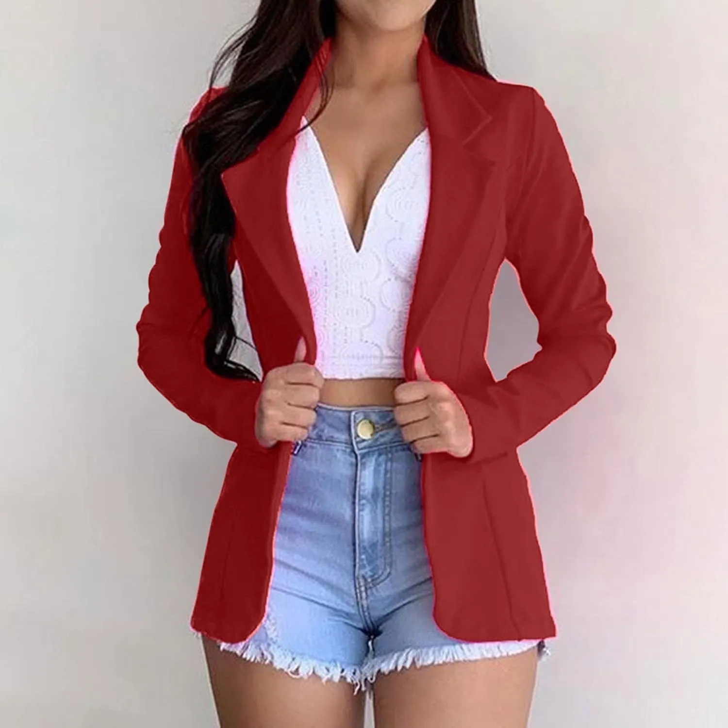 Women's Long Blazer Solid Open Front Cardigan Formal Suit Sleeve Blouse Coat Blazers for Work Casual