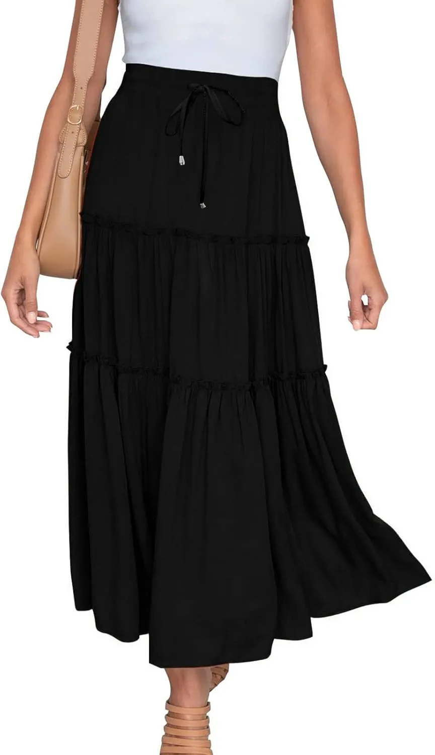 Women's Pleated Midi Skirts 2024 Casual Beach Boho Layered Flowy High Waist A-Line Ruched Swing Long Maxi Skirts