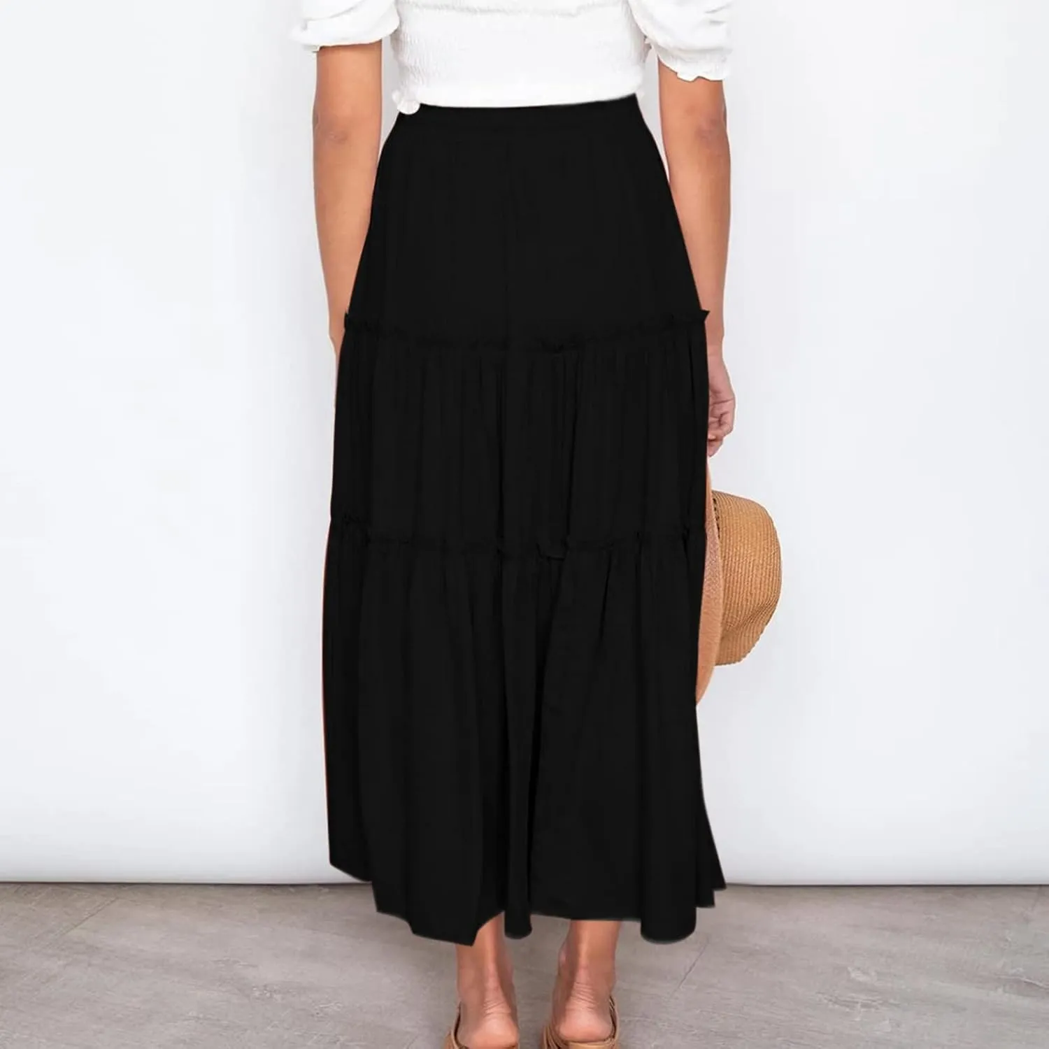 Women's Pleated Midi Skirts 2024 Casual Beach Boho Layered Flowy High Waist A-Line Ruched Swing Long Maxi Skirts