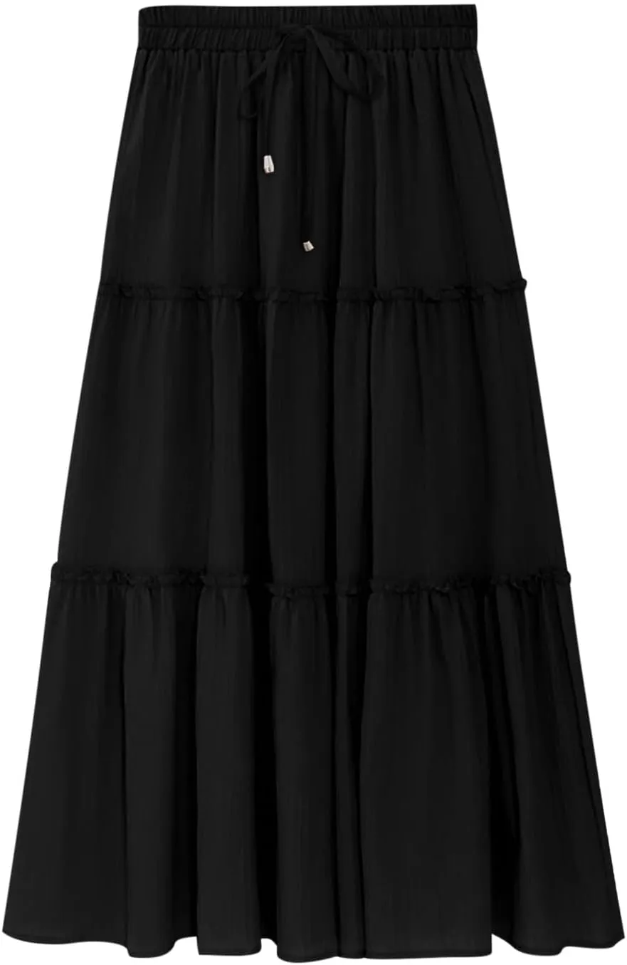 Women's Pleated Midi Skirts 2024 Casual Beach Boho Layered Flowy High Waist A-Line Ruched Swing Long Maxi Skirts