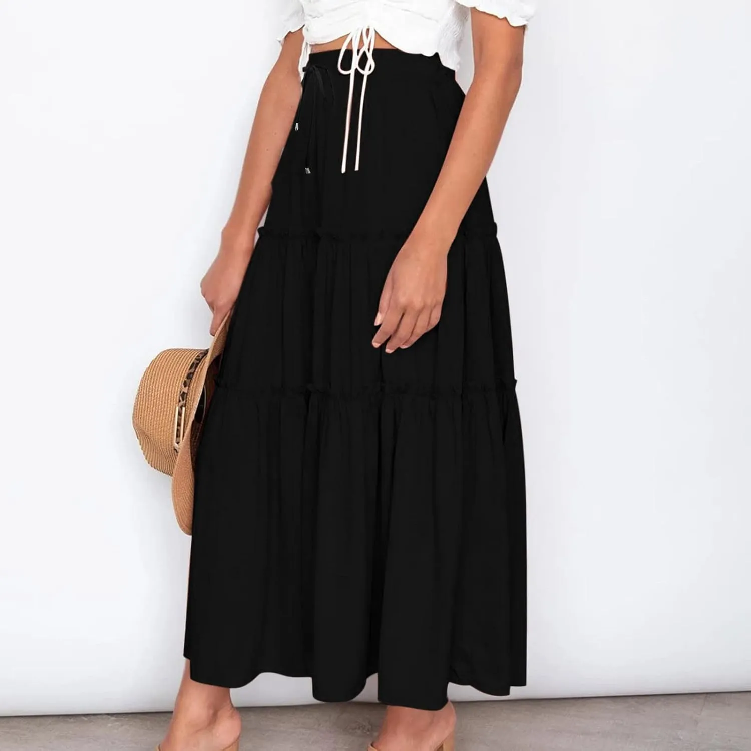 Women's Pleated Midi Skirts 2024 Casual Beach Boho Layered Flowy High Waist A-Line Ruched Swing Long Maxi Skirts