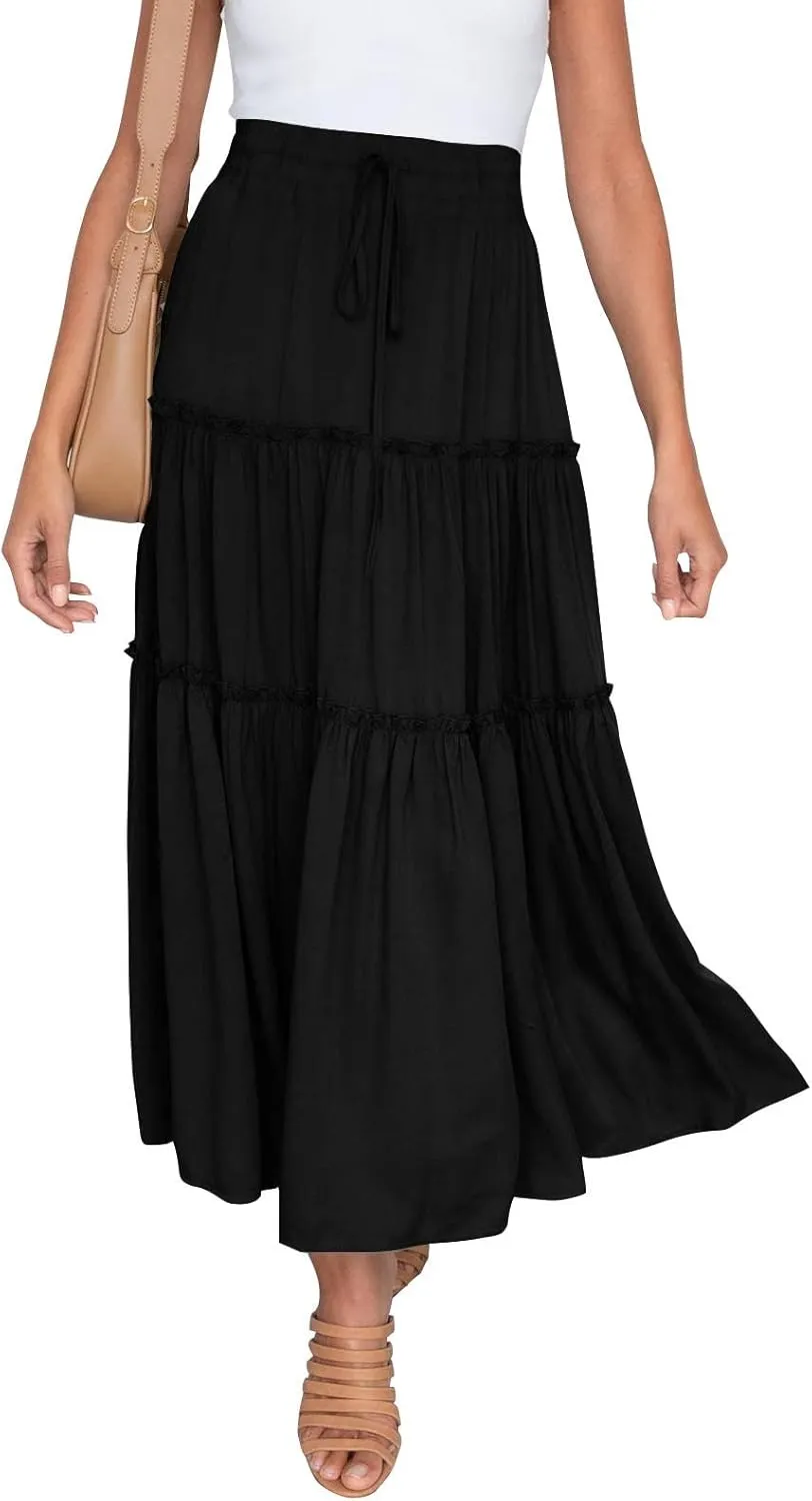 Women's Pleated Midi Skirts 2024 Casual Beach Boho Layered Flowy High Waist A-Line Ruched Swing Long Maxi Skirts