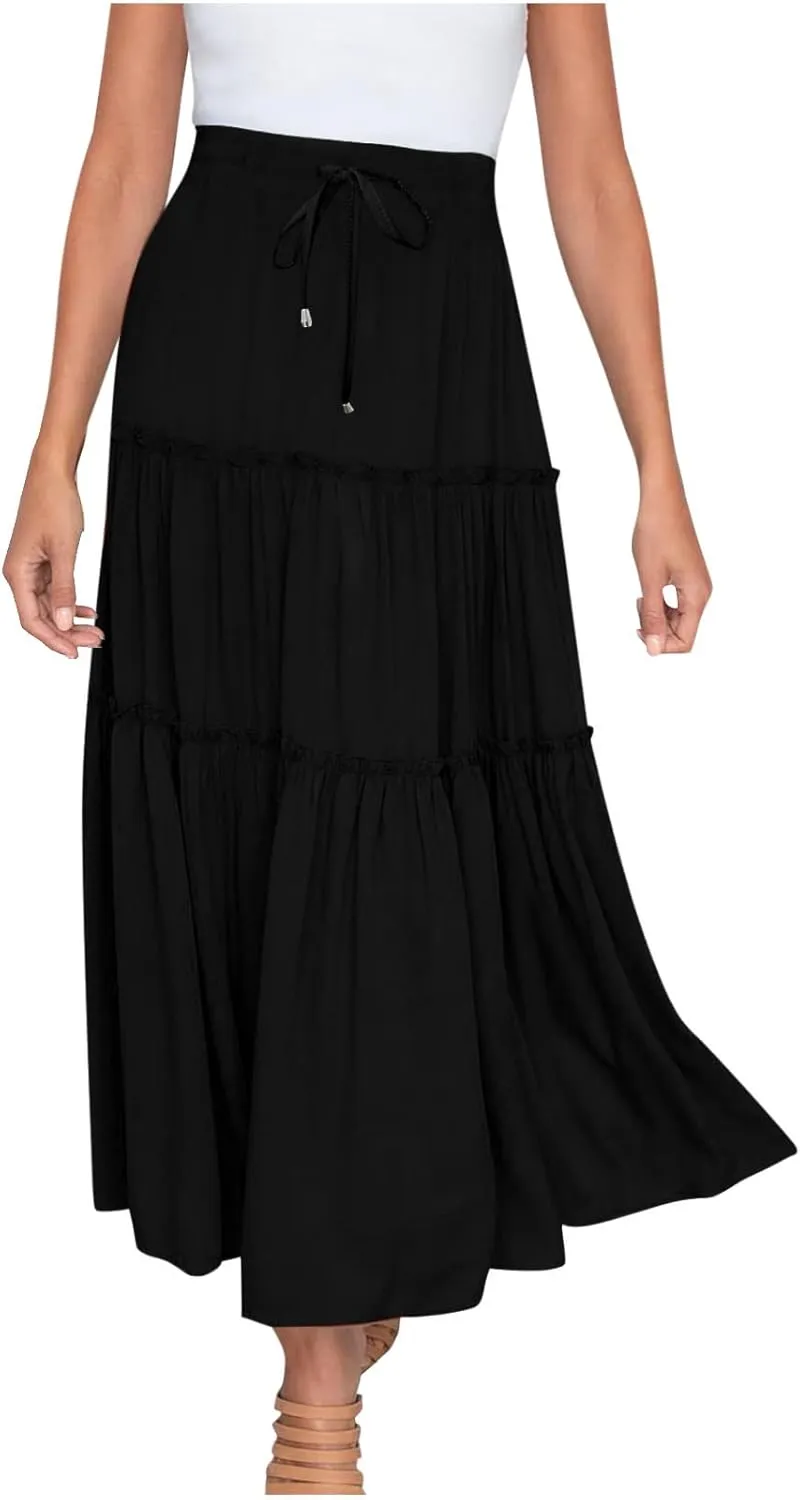 Women's Pleated Midi Skirts 2024 Casual Beach Boho Layered Flowy High Waist A-Line Ruched Swing Long Maxi Skirts