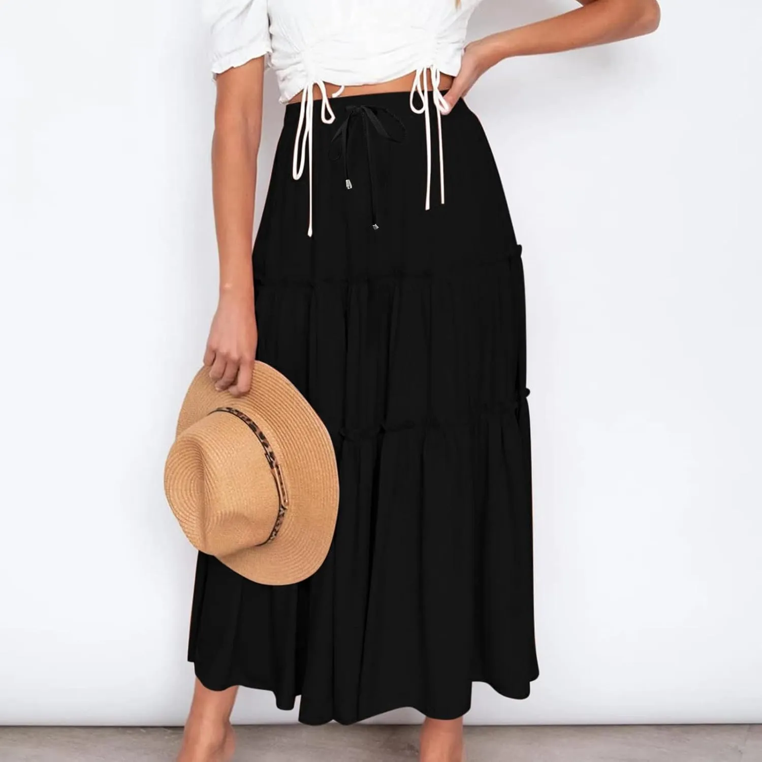 Women's Pleated Midi Skirts 2024 Casual Beach Boho Layered Flowy High Waist A-Line Ruched Swing Long Maxi Skirts