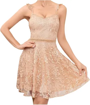 Women's Sexy Mini Dress Spaghetti Strap Fairy Lace Embellished Flattering Flared Dresses 2025 Summer Beach Sundress