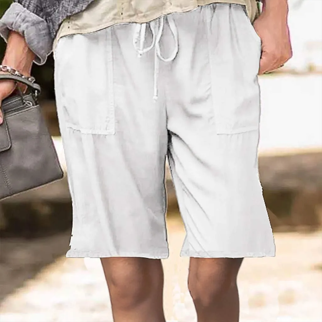 Womens Summer Casual Shorts Elastic Drawstring Waist Straight-Legs Shorts Cotton Linen 5 Inch Casual Shorts Sweat Shorts