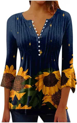 Womens Summer Shirts Boho Floral Print Tees 3/4 Sleeve Button Down V Neck Empire Waist Tunic Top Trendy Clothes 2024
