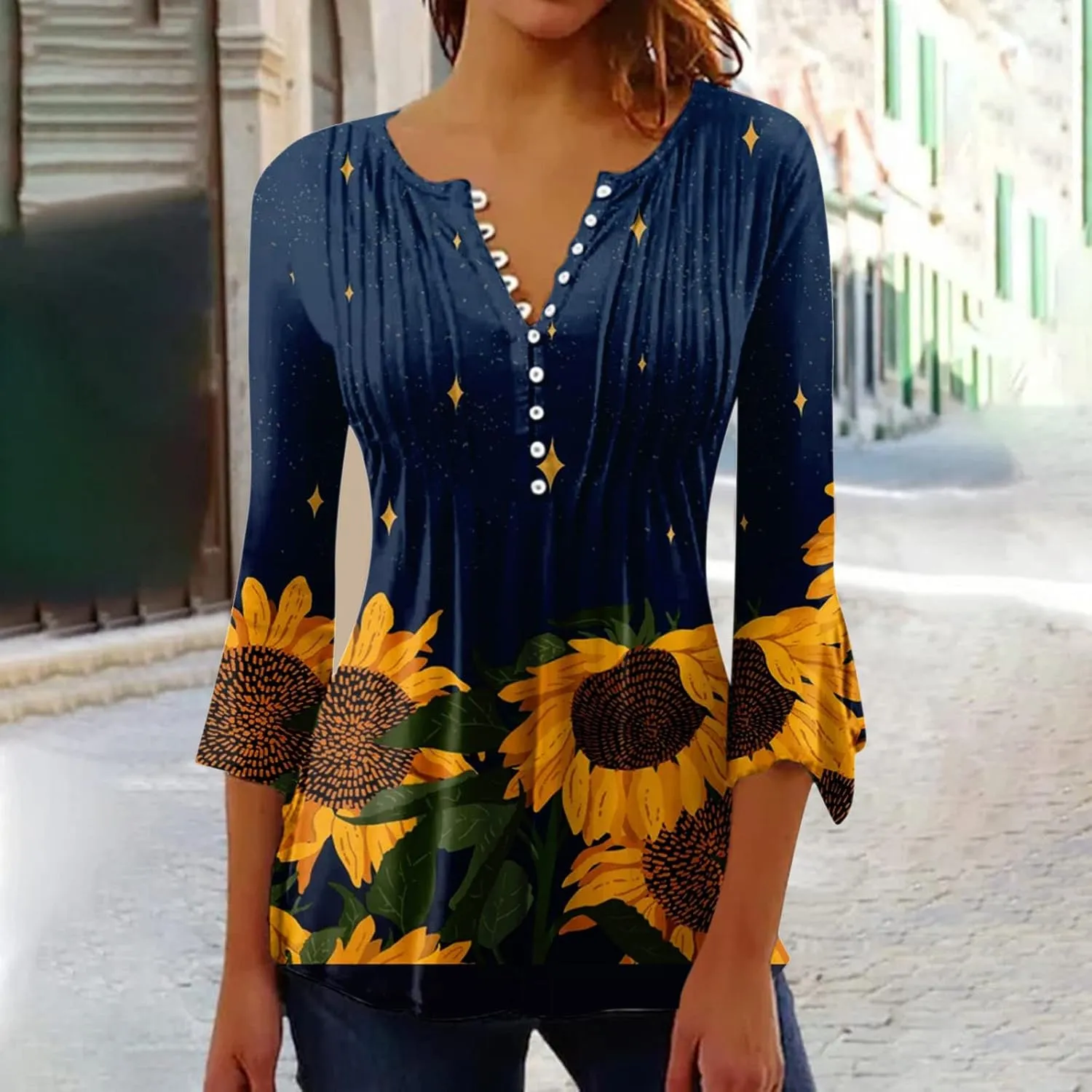 Womens Summer Shirts Boho Floral Print Tees 3/4 Sleeve Button Down V Neck Empire Waist Tunic Top Trendy Clothes 2024