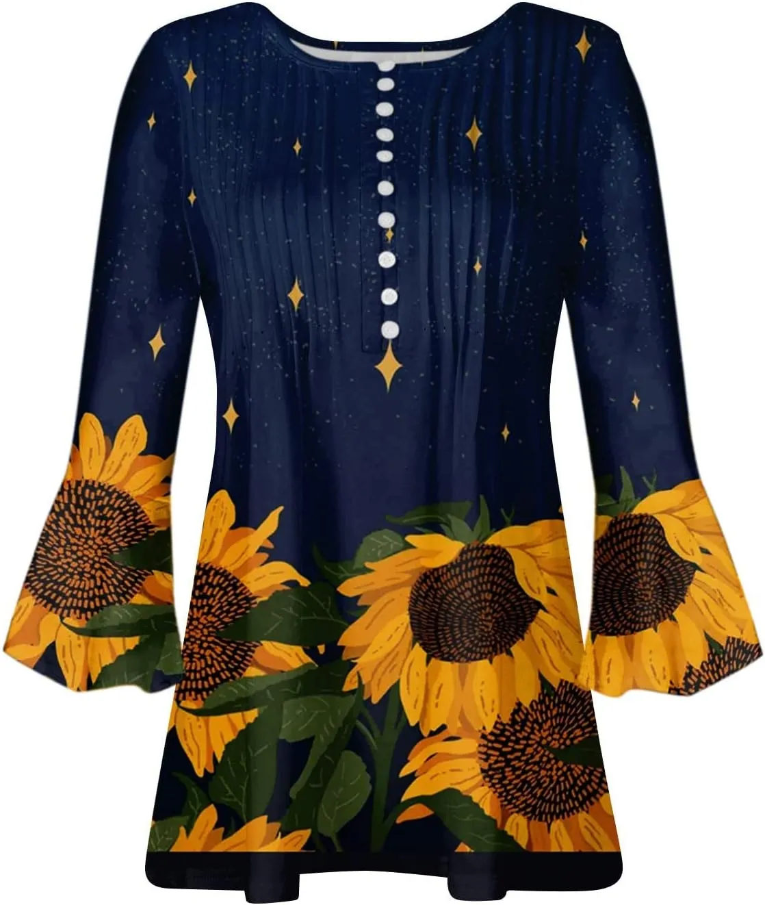 Womens Summer Shirts Boho Floral Print Tees 3/4 Sleeve Button Down V Neck Empire Waist Tunic Top Trendy Clothes 2024
