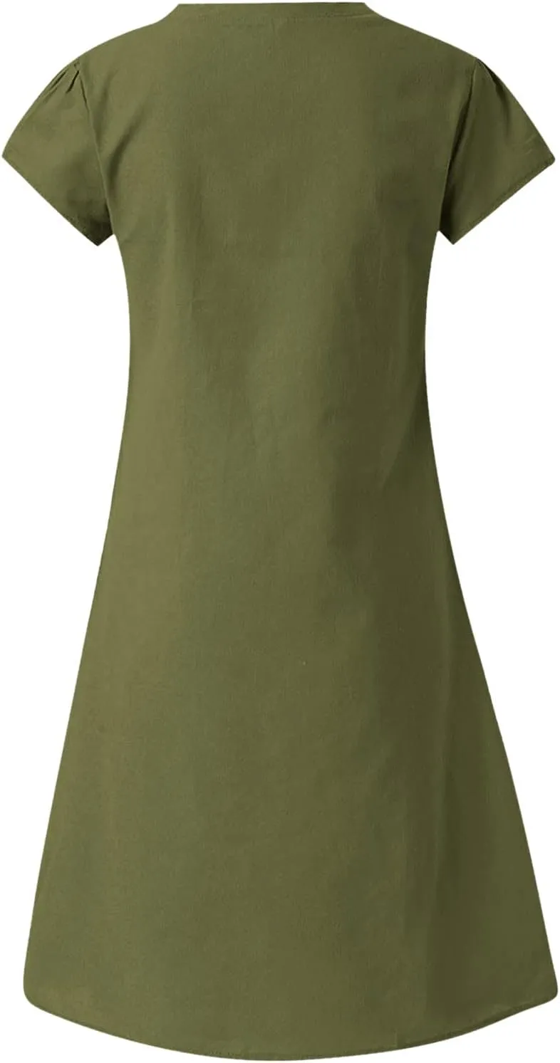 Womens Summer Short Sleeve Cotton Linen Dress Solid Loose V-Neck Shirt Dress Midi Length Vocation Beach Dress