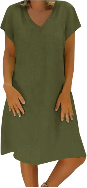 Womens Summer Short Sleeve Cotton Linen Dress Solid Loose V-Neck Shirt Dress Midi Length Vocation Beach Dress